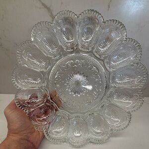 Vintage LE Smith Clear Cut Glass Round Deviled Egg Oyster Plate Platter Easter